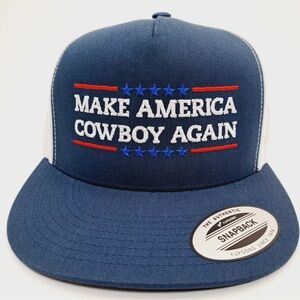 Make America Cowboy Again Flat Bill Trucker Mesh Snapback Cap Hat Navy & White